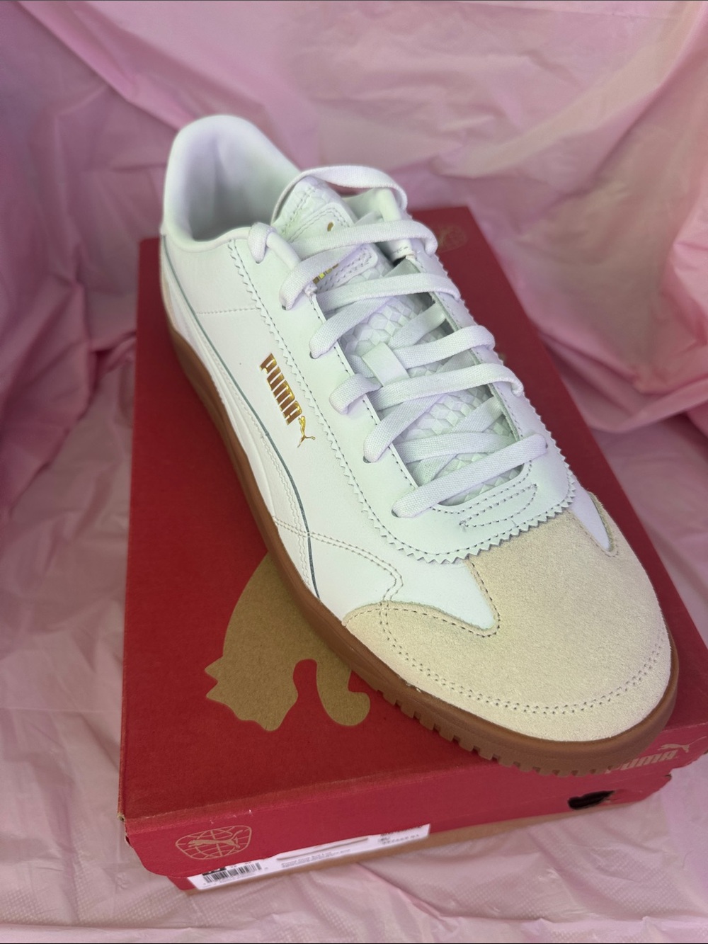 Puma Women's White Leather Sneakers with Beige Suede Toe & Gum Sole